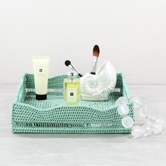 Tight Woven Waved Edge Square Rattan Tray with Handles